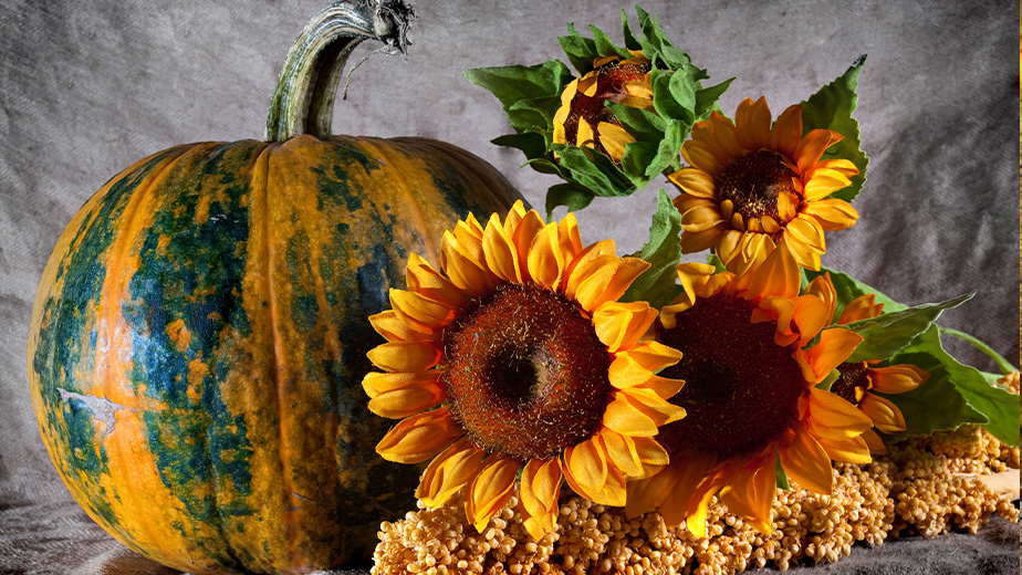 a pumpkin and sunflowers